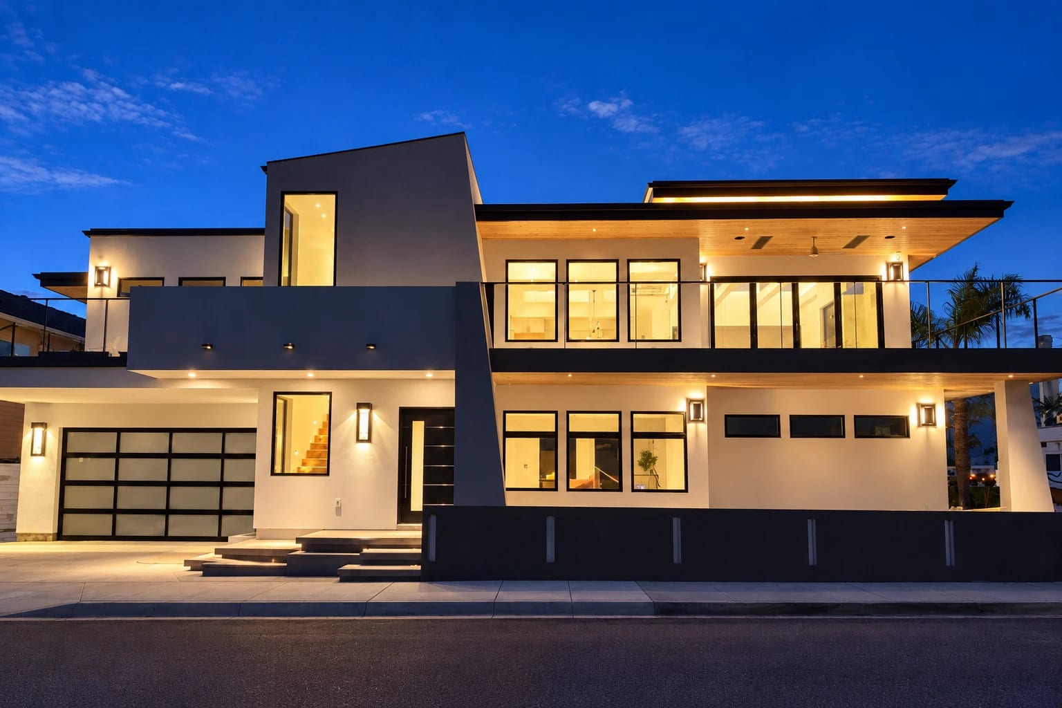 Two-story contemporary house at blue hour, lit from inside, with white stucco walls, wood soffits, and glass deck rails.